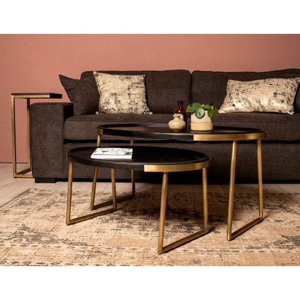 Ovale Salontafel Paul | Zwart Metaal | Goudkleurig Mangohout